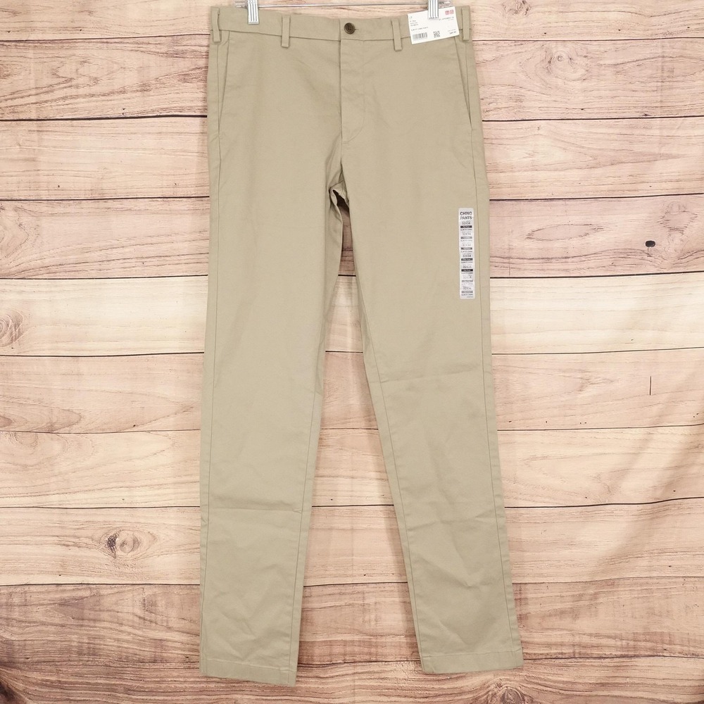 New! Uniqlo Slim Fit Chino Pants Mens 32x34 Beige Stretch Flat Front